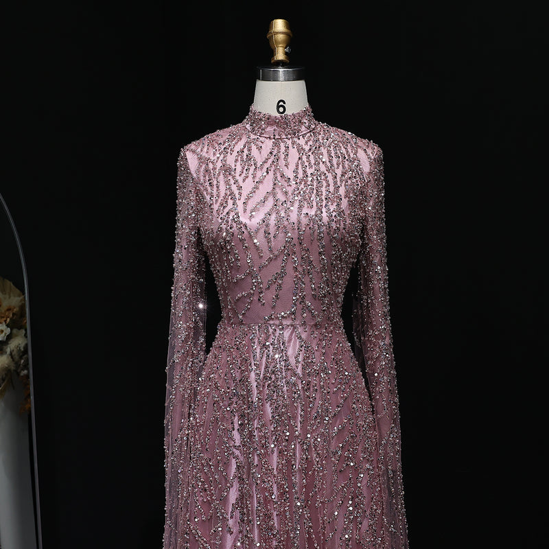 Elegant Dusty Pink Sequin Beaded Long Sleeve Evening Dress SS621 