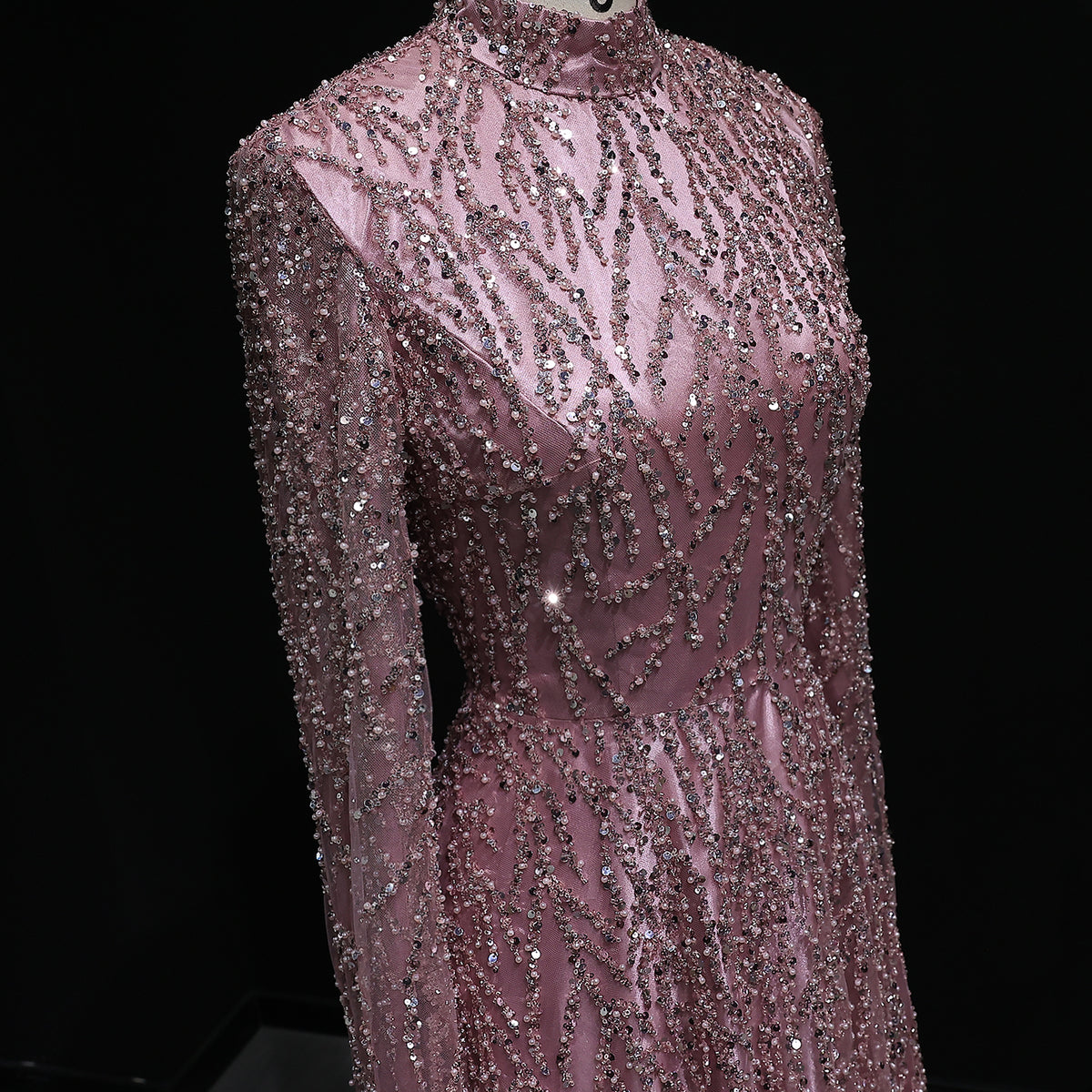 Elegant Dusty Pink Sequin Beaded Long Sleeve Evening Dress SS621 