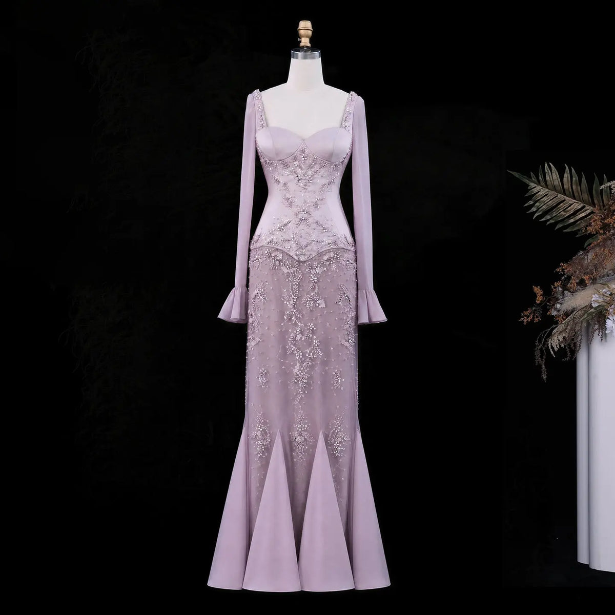 Pink Bell Sleeve Mermaid Beaded Evening Dress SS211