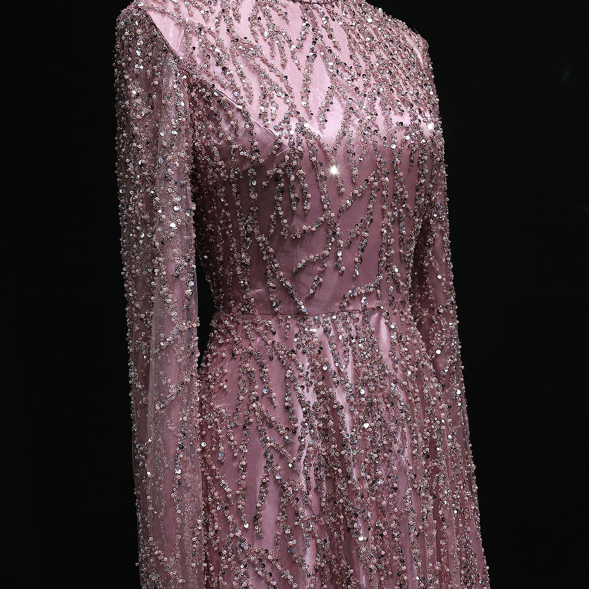 Elegant Dusty Pink Sequin Beaded Long Sleeve Evening Dress SS621 