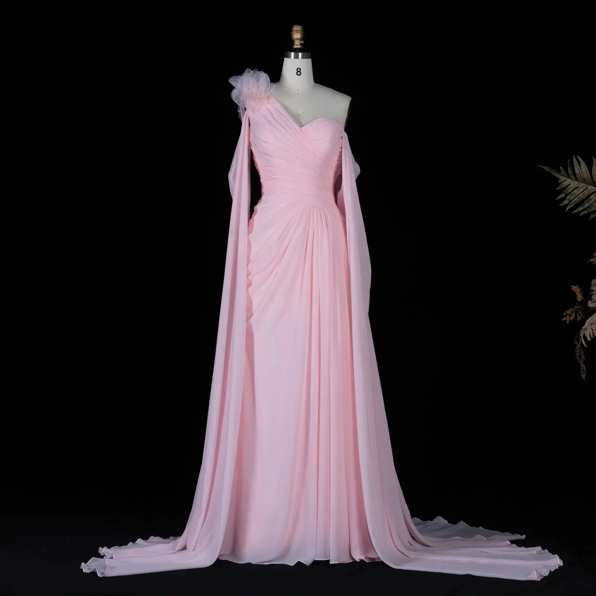Pink Floral One Shoulder Chiffon Cape Evening Dress SF245