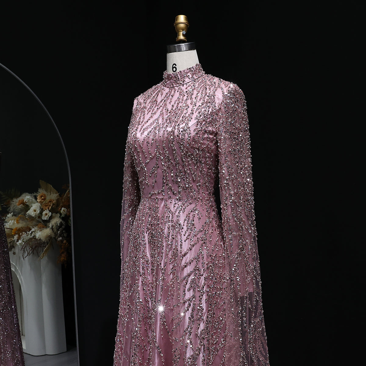 Elegant Dusty Pink Sequin Beaded Long Sleeve Evening Dress SS621 