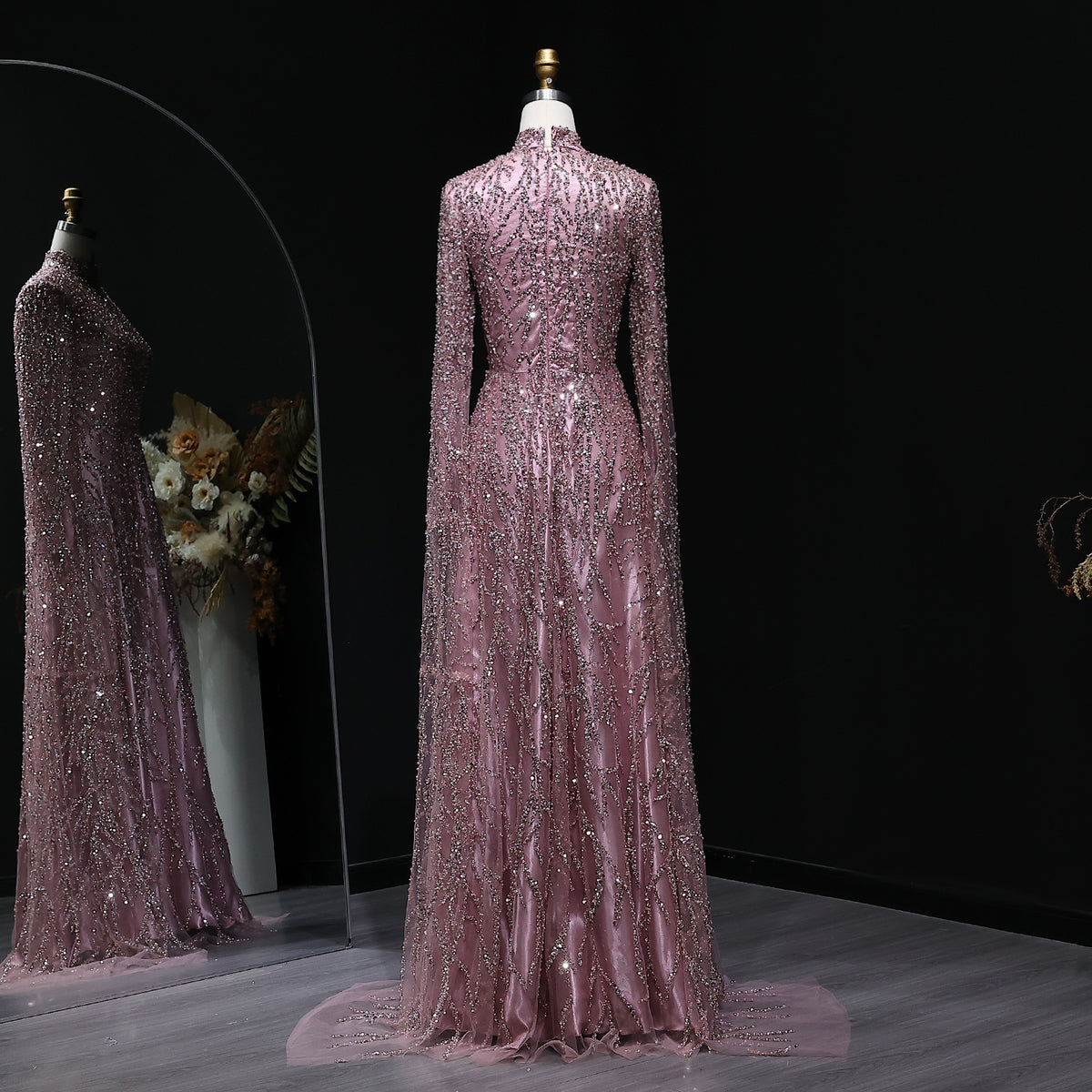 Elegant Dusty Pink Sequin Beaded Long Sleeve Evening Dress SS621 