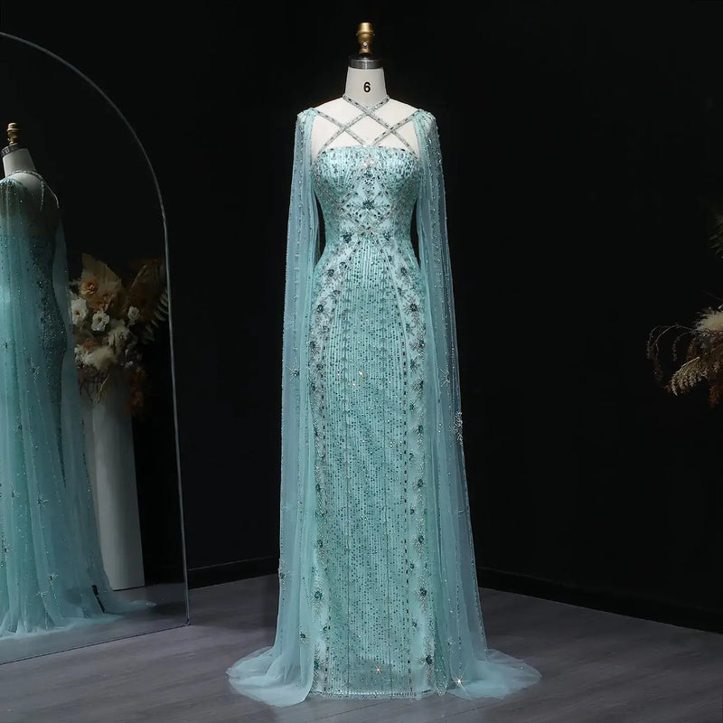 Luxury Aqua Crisscross Evening Dress with Cape Sleeves SS391 
