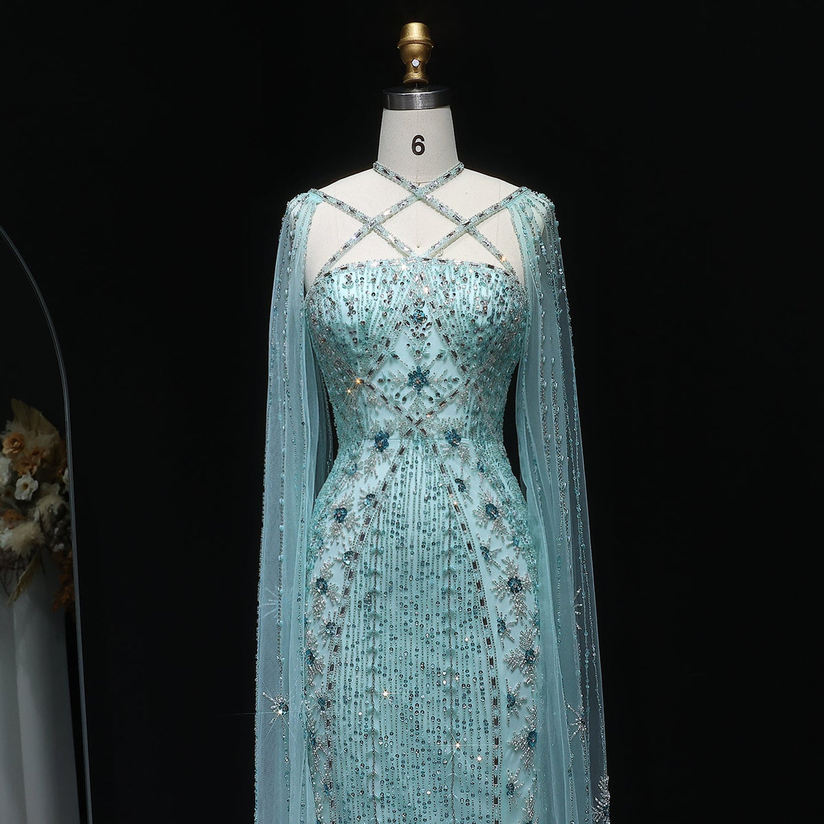 Luxury Aqua Crisscross Evening Dress with Cape Sleeves SS391