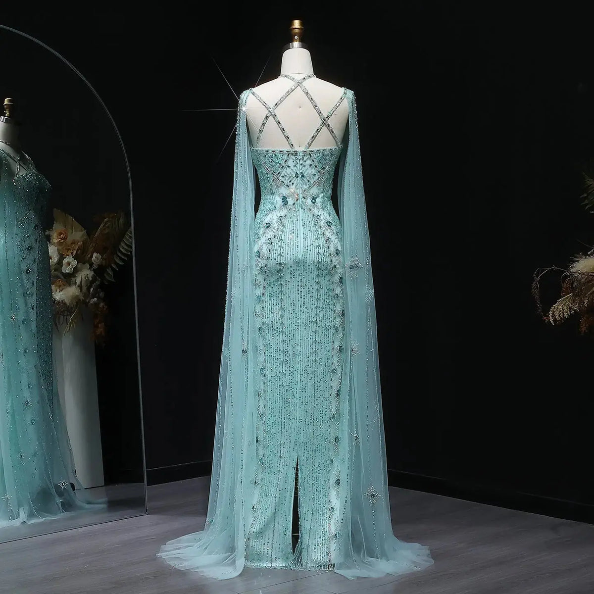 Luxury Aqua Crisscross Evening Dress with Cape Sleeves SS391 - SHARONSAID Luxury Aqua Crisscross Evening Dress with Cape Sleeves SS391 - SHARONSAID