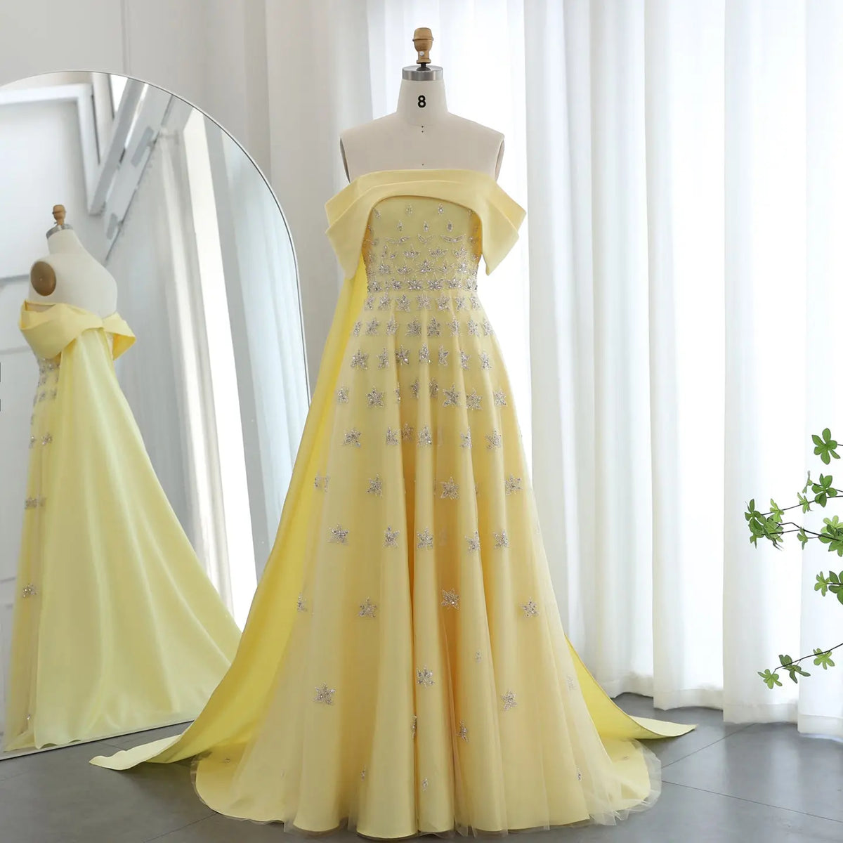 Luxury Yellow Off Shoulder Evening Dress with Cape Train SS455
