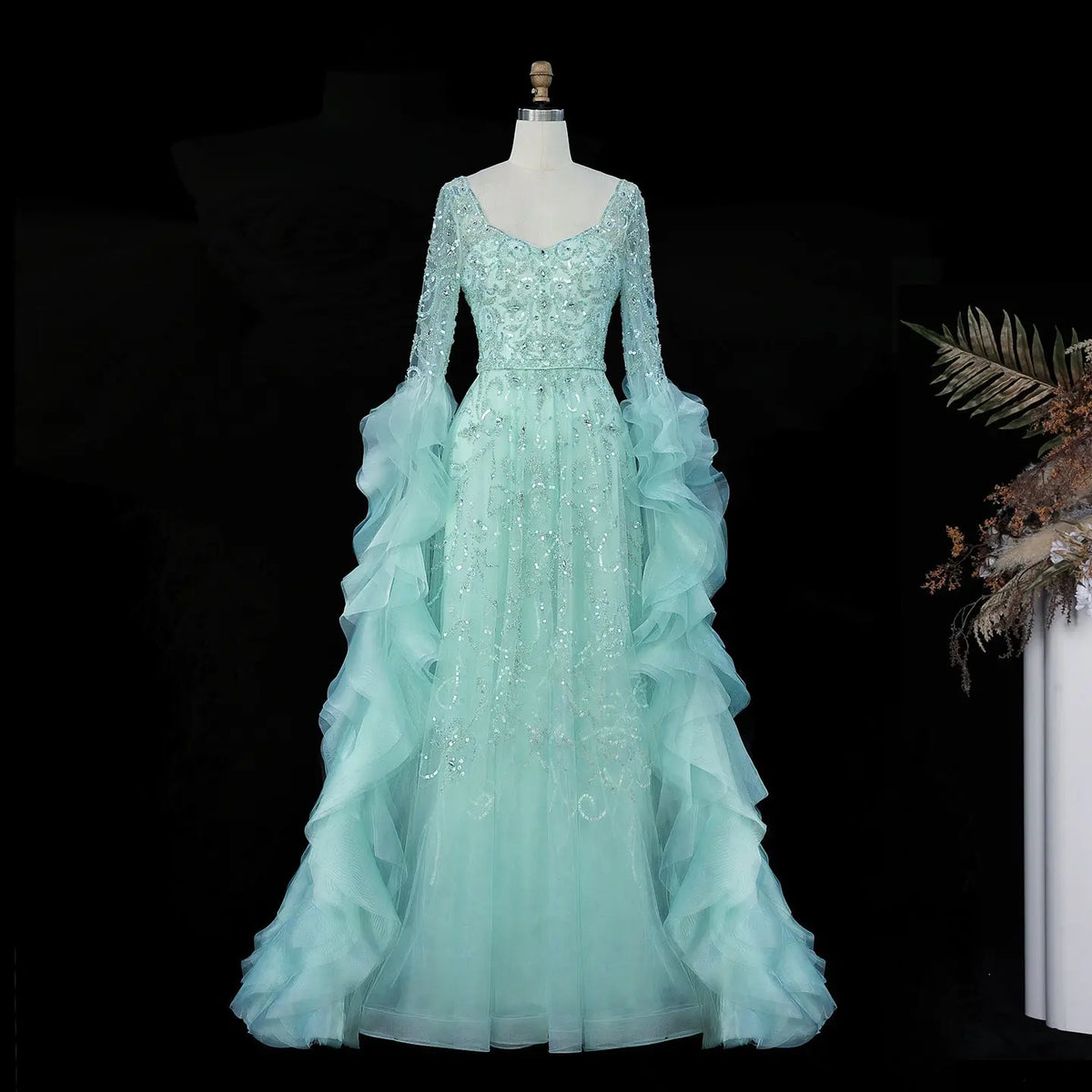 Aqua Ruffled Cape Crystal Sequin Evening Dress SS410