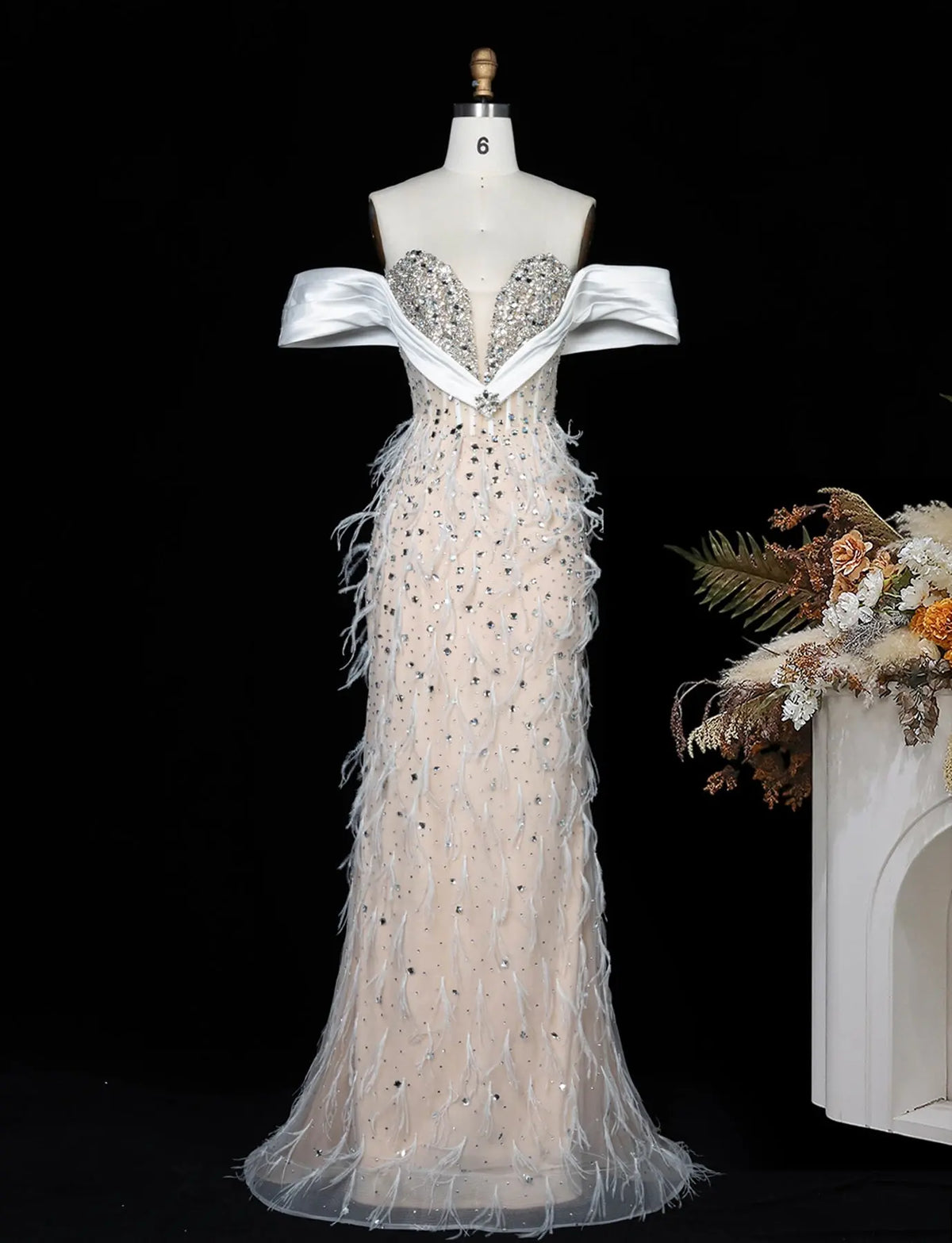 White Nude Off Shoulder Feather Evening Gown SS640-2