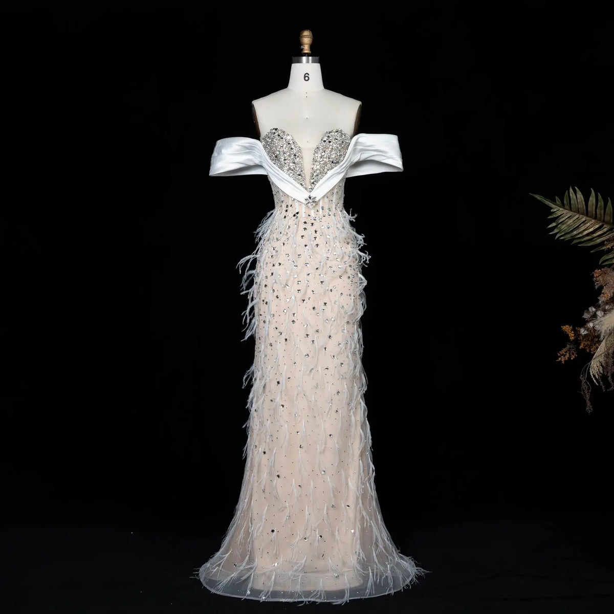 White Nude Off Shoulder Feather Evening Gown SS640-3