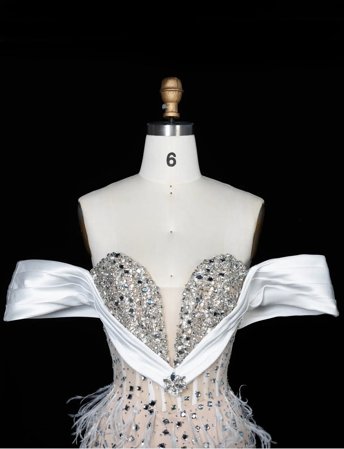 White Nude Off Shoulder Feather Evening Gown SS640-4