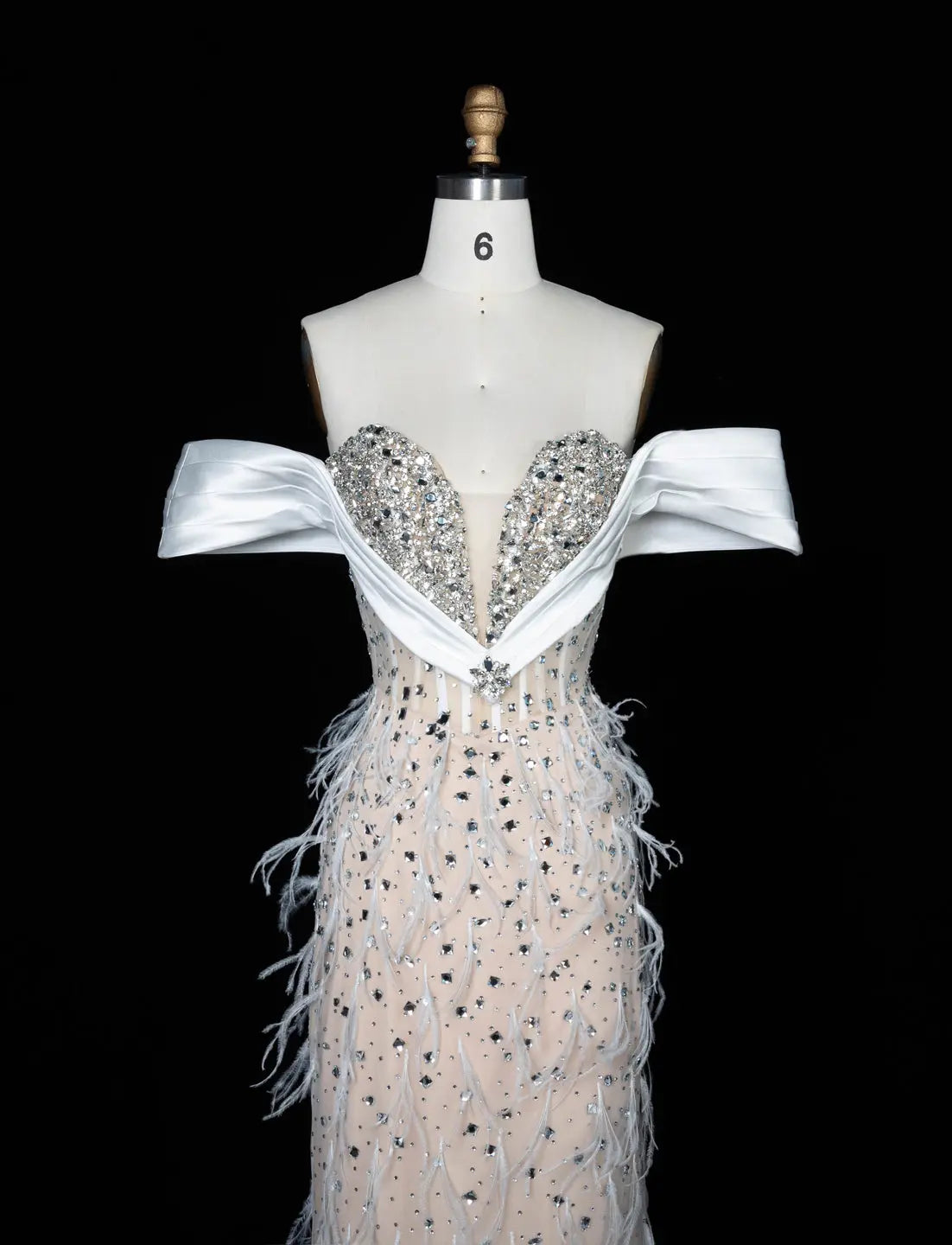 White Nude Off Shoulder Feather Evening Gown SS640-5