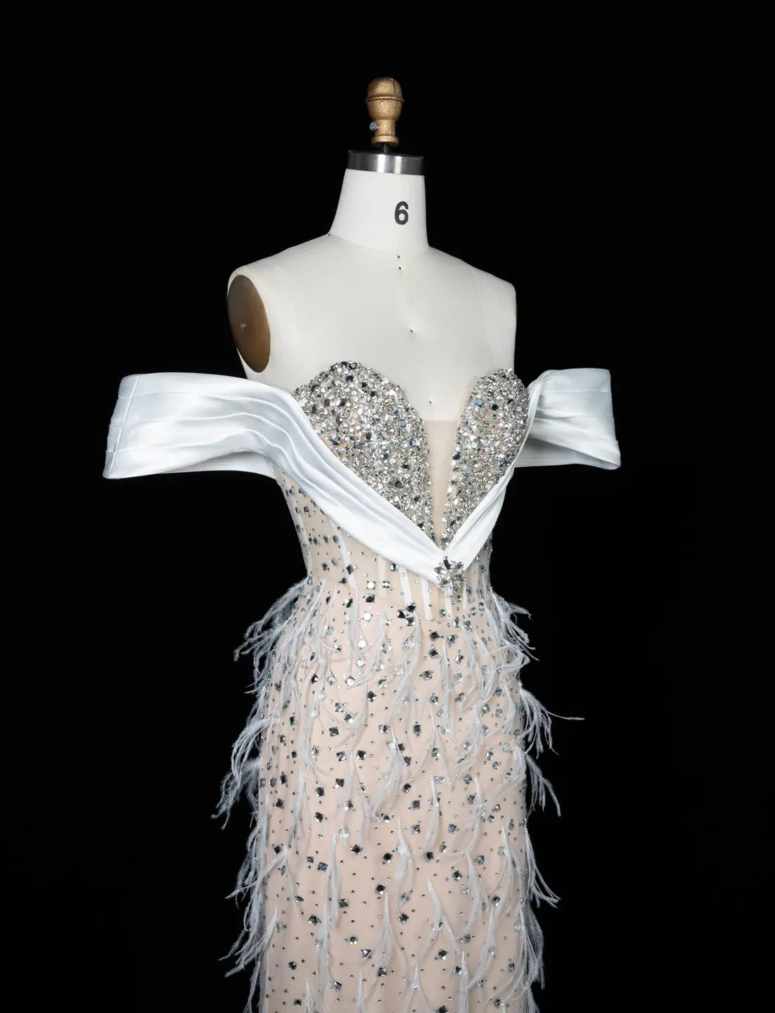 White Nude Off Shoulder Feather Evening Gown SS640-6