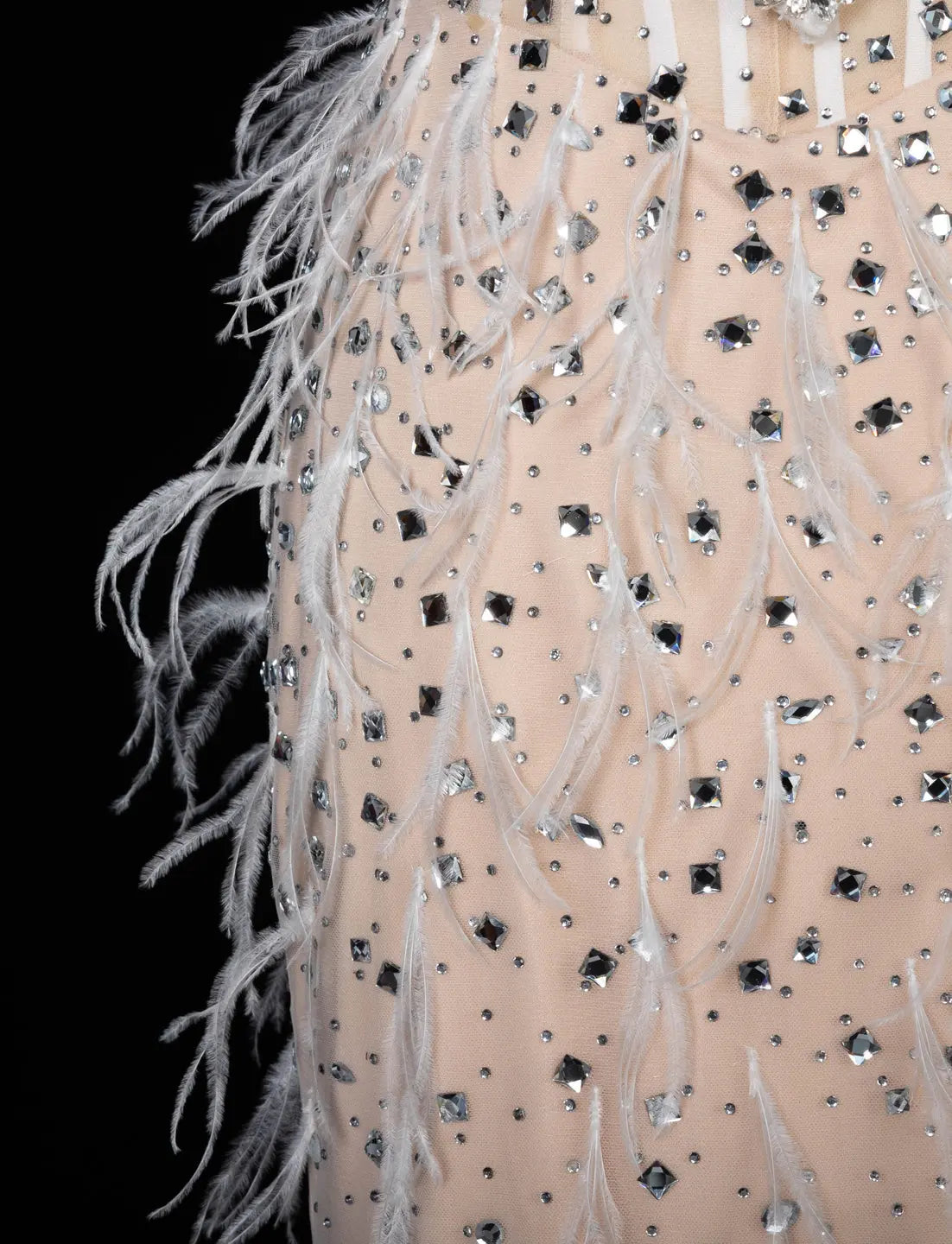 White Nude Off Shoulder Feather Evening Gown SS640-7