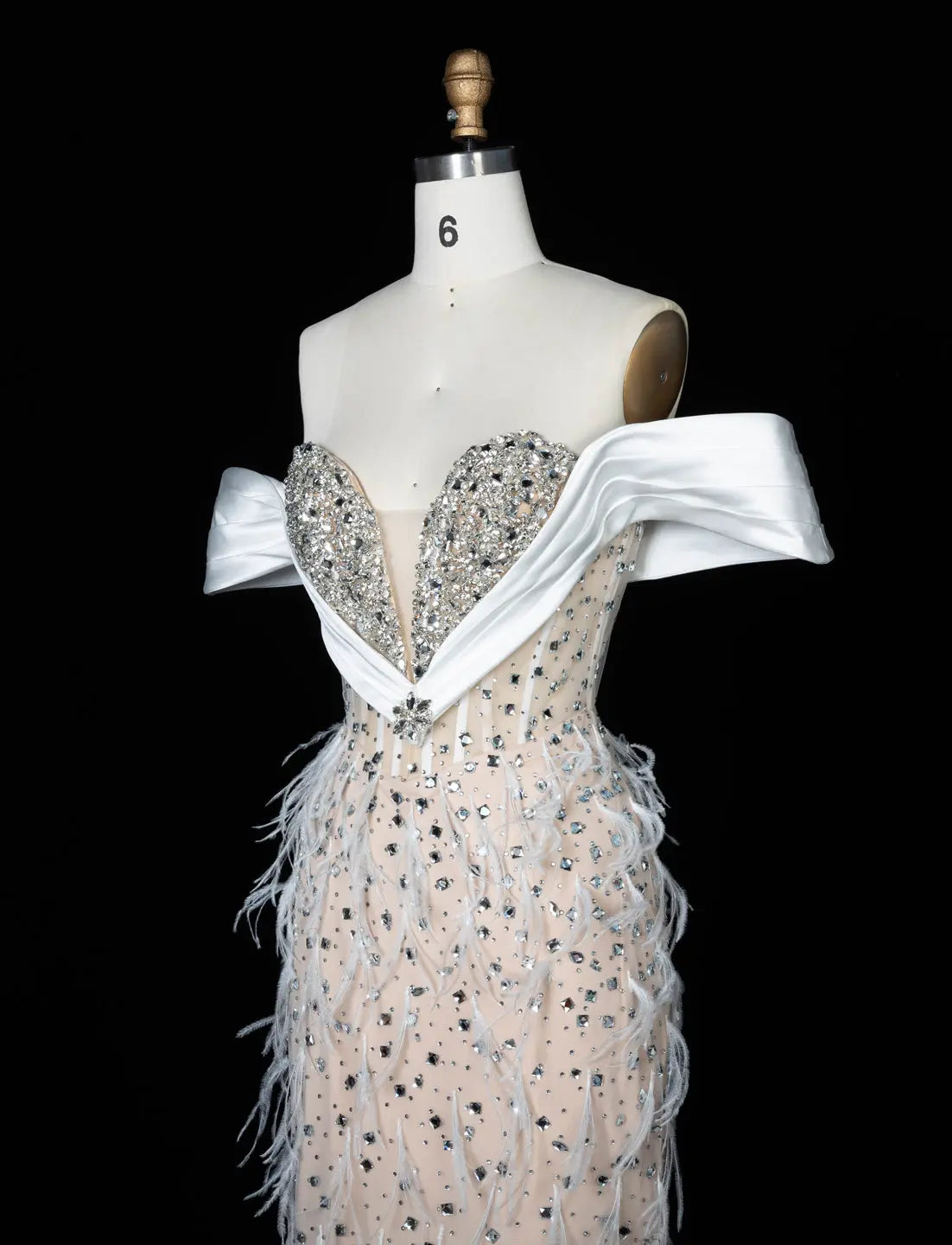 White Nude Off Shoulder Feather Evening Gown SS640-8
