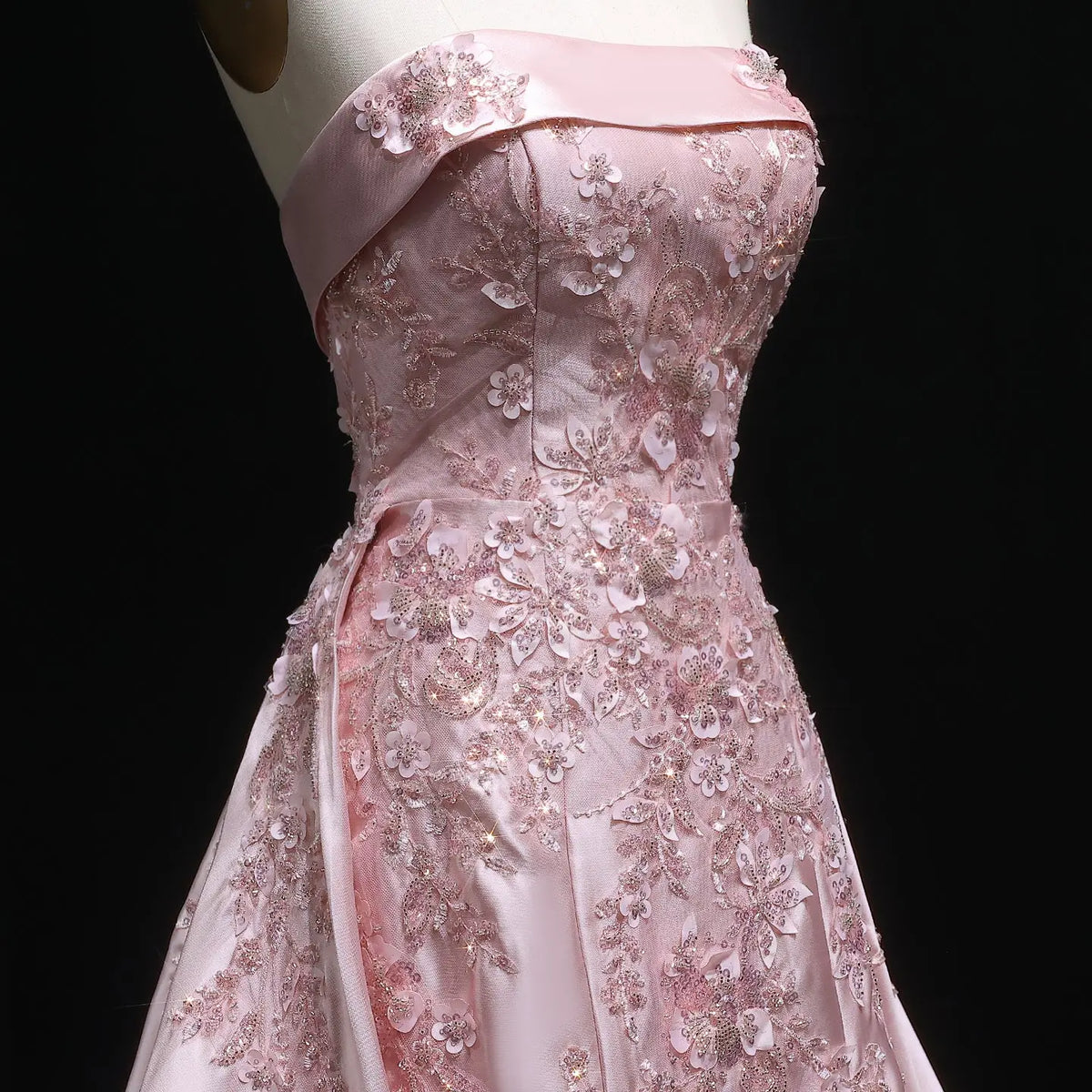 Luxury Pink 3D Floral Beaded Sequin Strapless Evening Dress with Overskirt XD067 