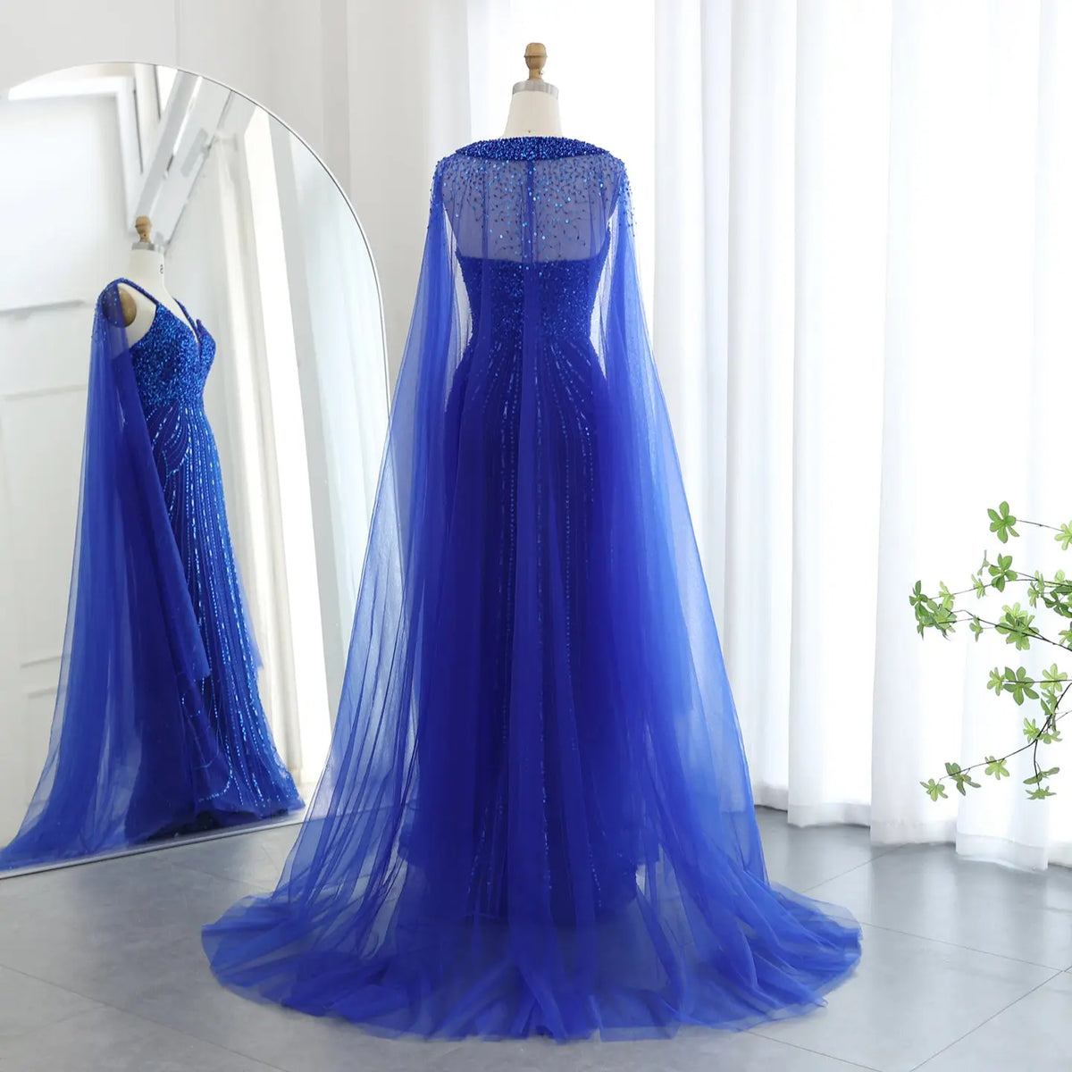 Luxury Royal Blue Evening Dress with Cape Sleeve SS176 – SHARONSAID