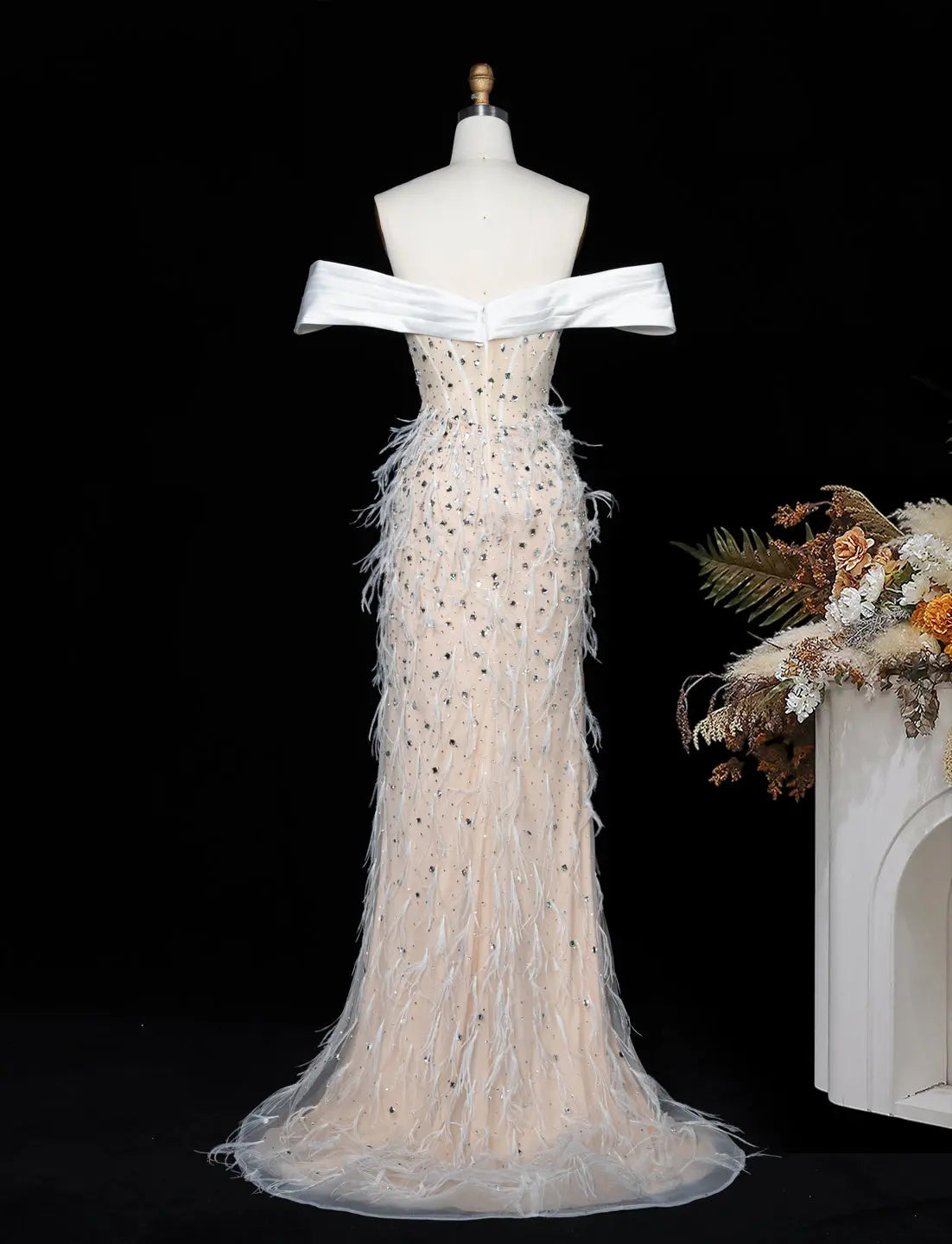 White Nude Off Shoulder Feather Evening Gown SS640-9