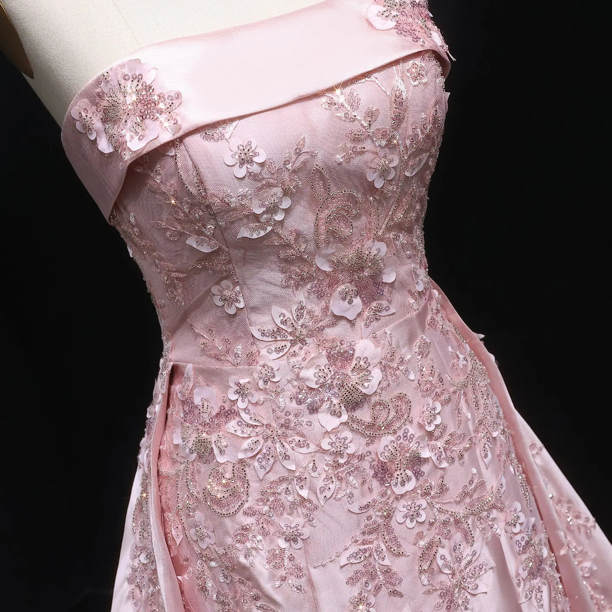 Luxury Pink 3D Floral Beaded Sequin Strapless Evening Dress with Overskirt XD067 