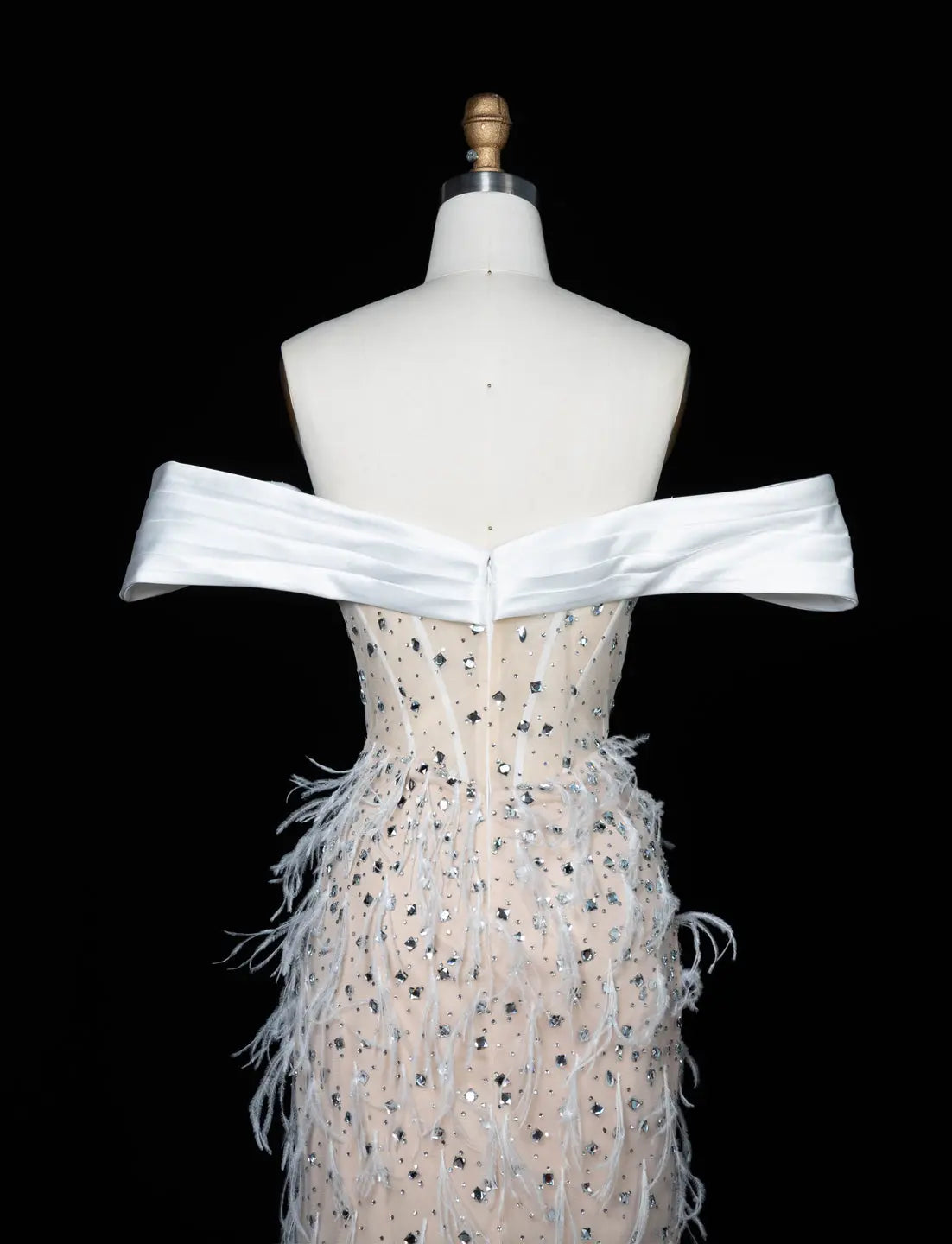White Nude Off Shoulder Feather Evening Gown SS640-10