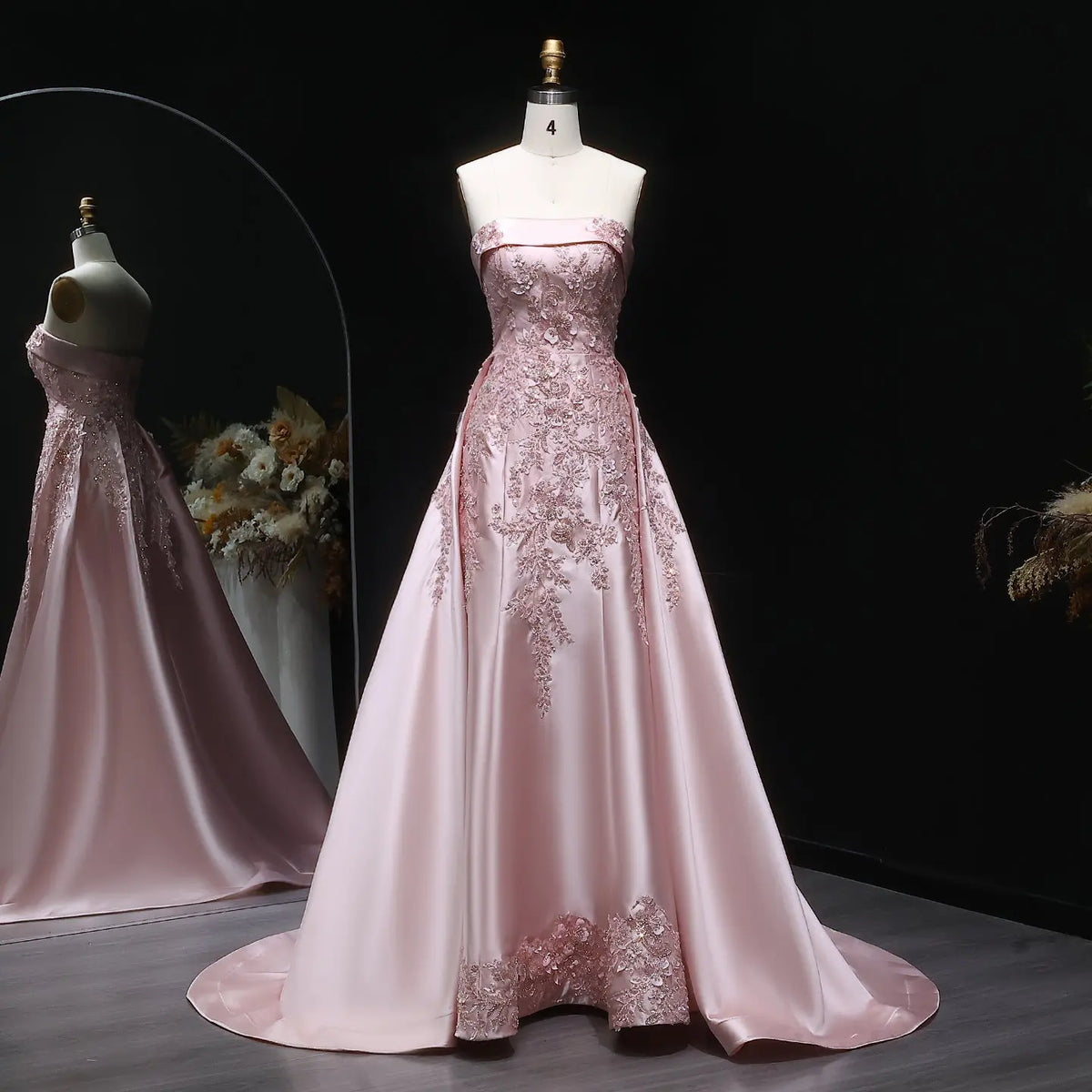 Luxury Pink 3D Floral Beaded Sequin Strapless Evening Dress with Overskirt XD067 