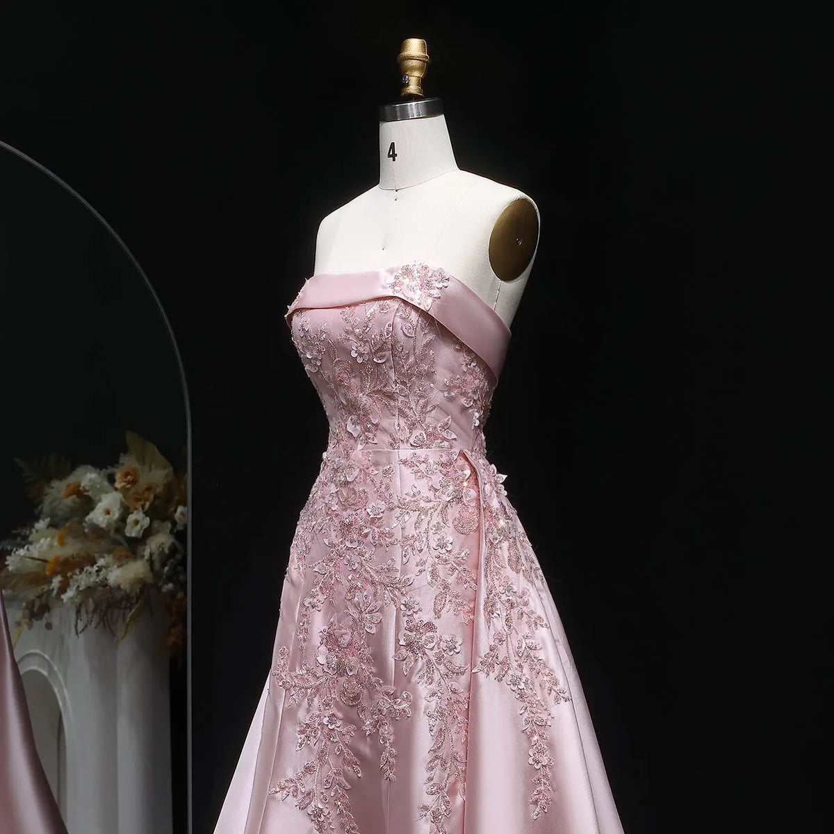 Luxury Pink 3D Floral Beaded Sequin Strapless Evening Dress with Overskirt XD067 