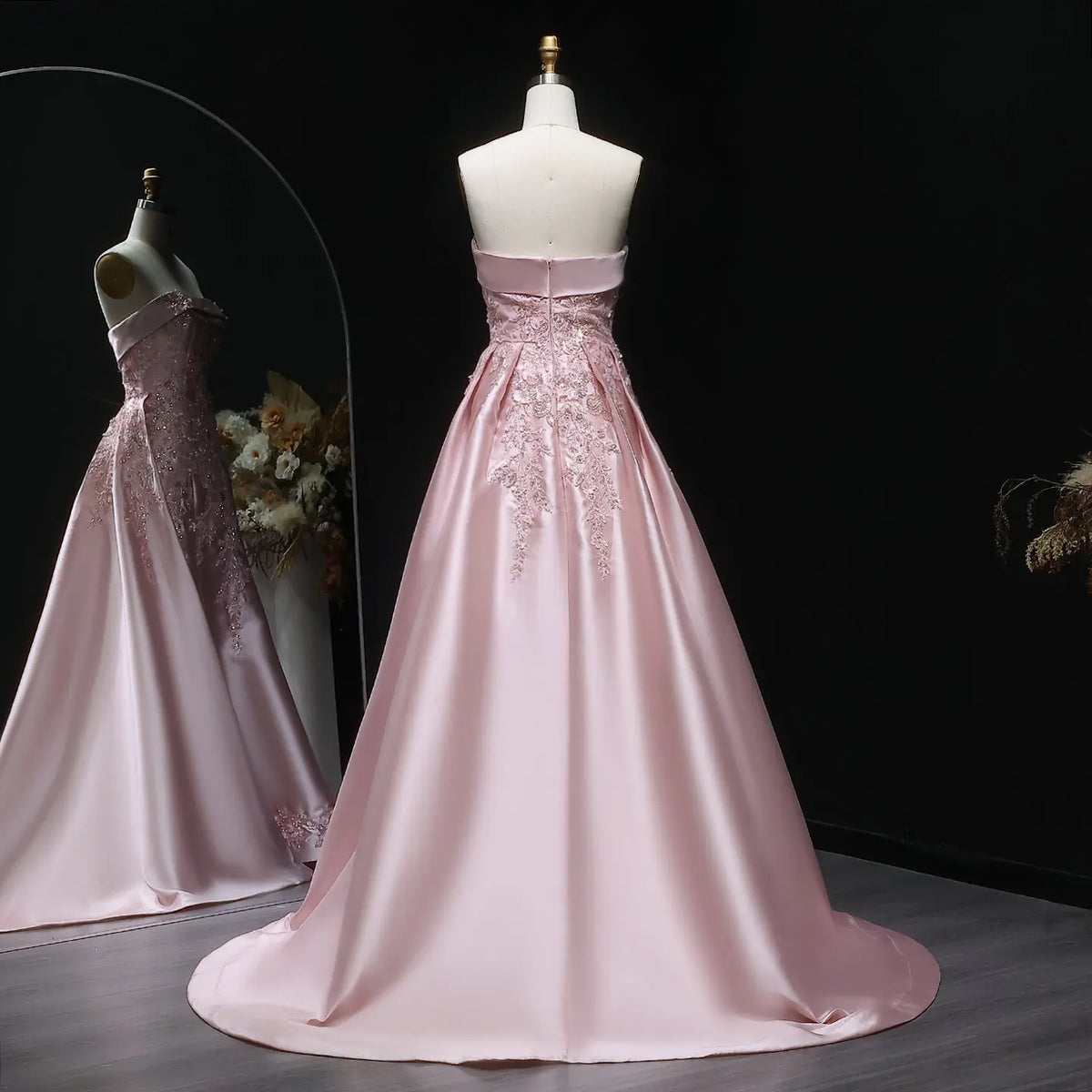 Luxury Pink 3D Floral Beaded Sequin Strapless Evening Dress with Overskirt XD067 