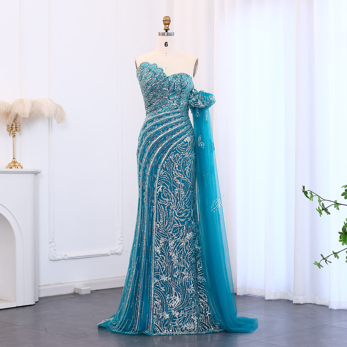 Luxury Beaded Scalloped Turquoise Evening Dress SS021