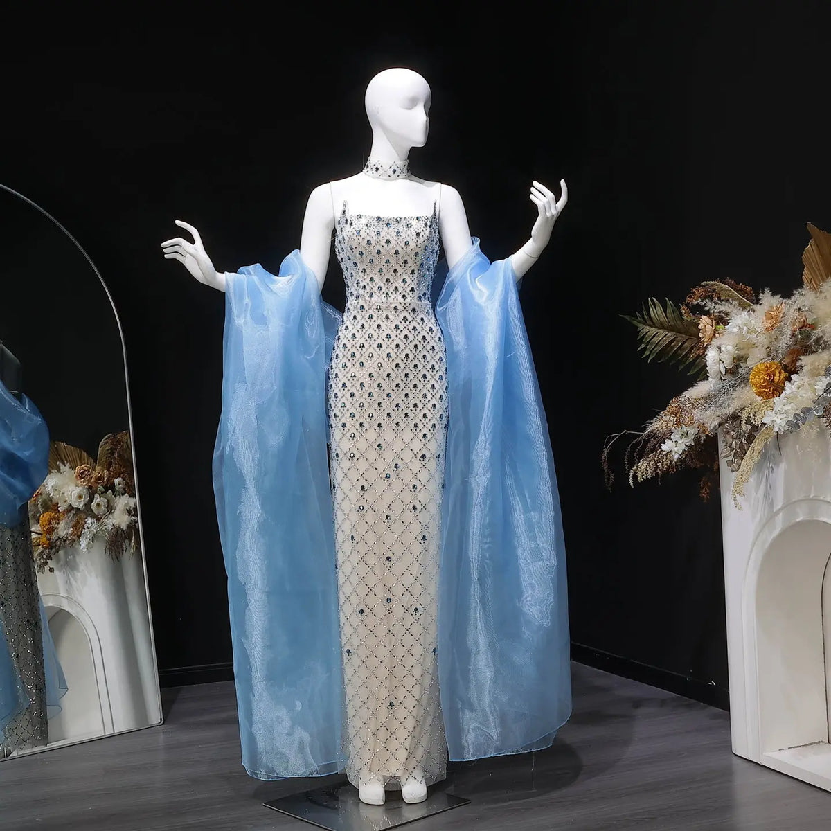 Luxury Blue Beaded Mermaid Evening Dress with Cape Sleeve and Choker SS506 