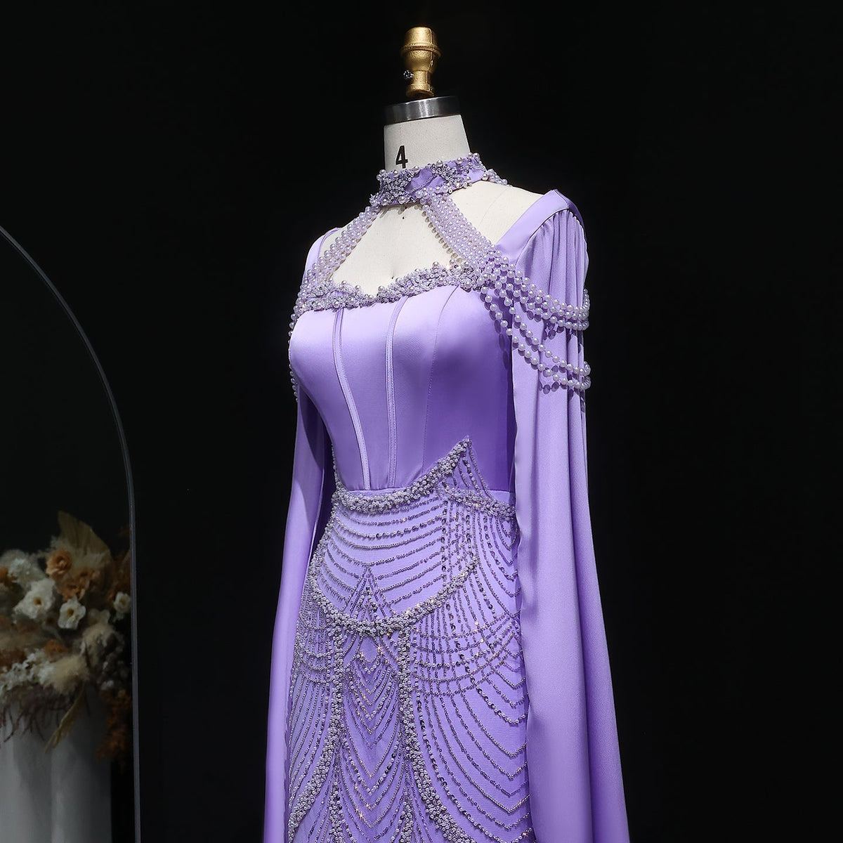 Luxury Pink Beaded Evening Dress with Cape Sleeves SS662