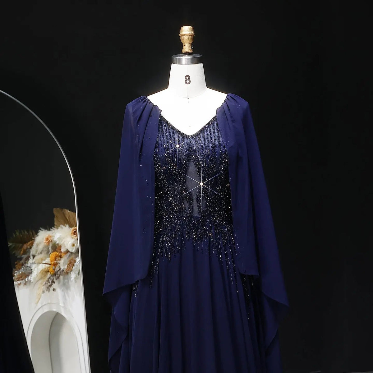 Luxury Purple V-Neck Beaded Chiffon Evening Dress with Cape Sleeves SS053 