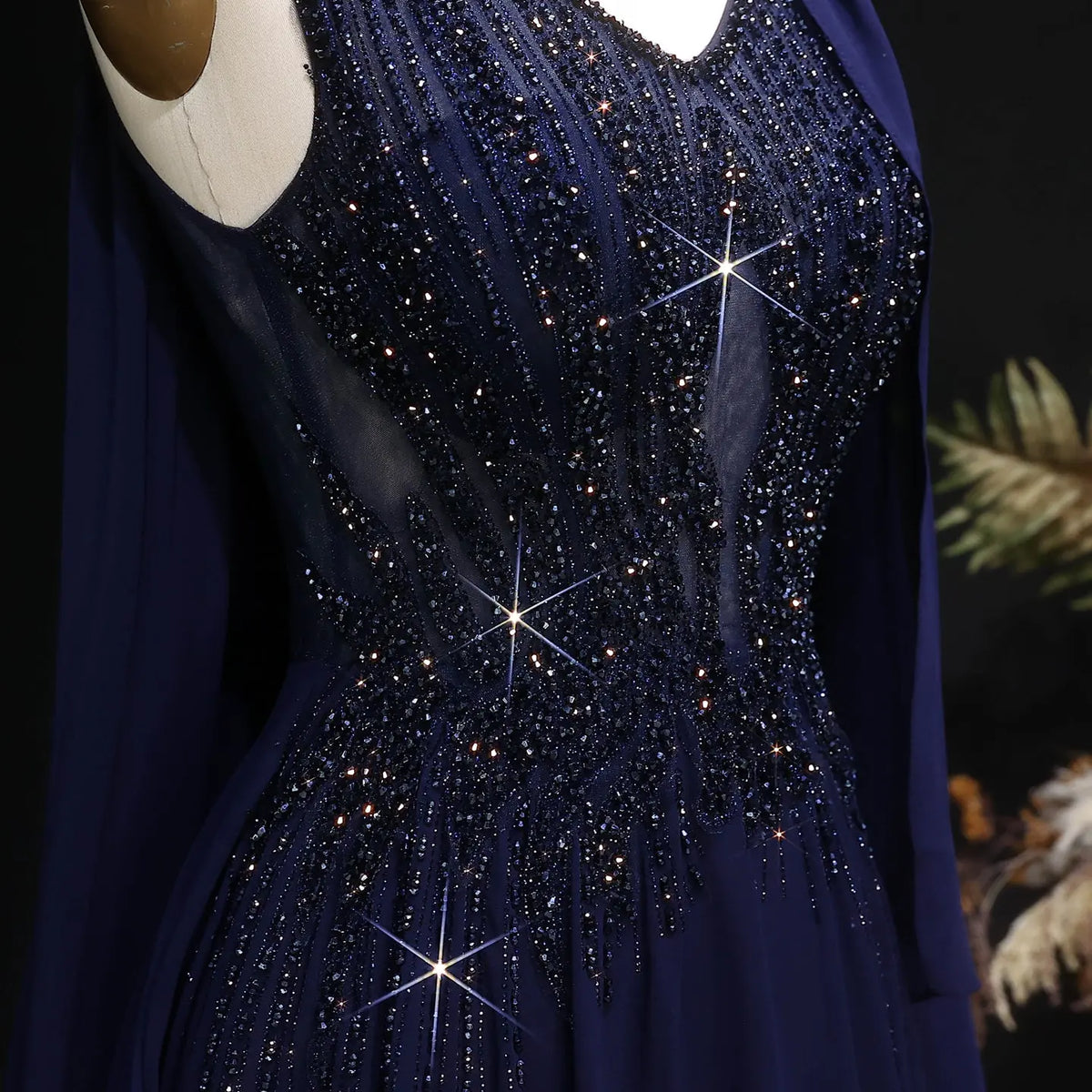 Luxury Purple V-Neck Beaded Chiffon Evening Dress with Cape Sleeves SS053