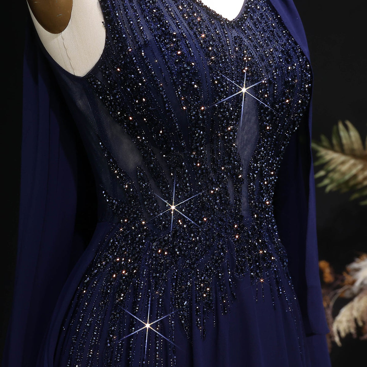 Luxury Purple V-Neck Beaded Chiffon Evening Dress with Cape Sleeves SS053 