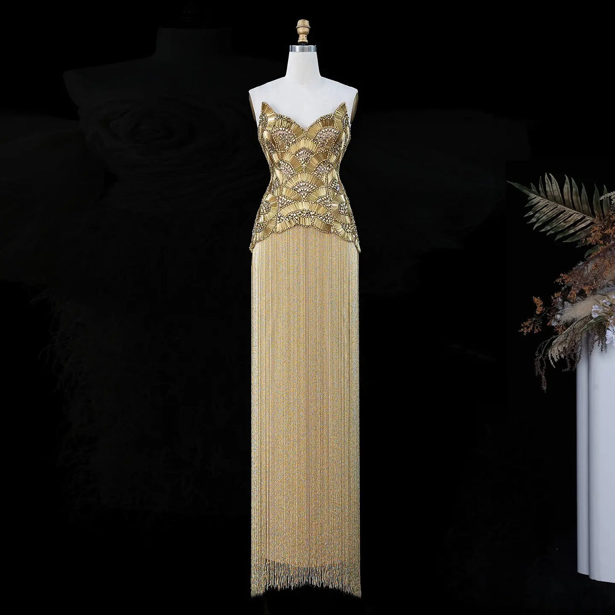 Metallic Gold Beaded Pleated Evening Dress SS336