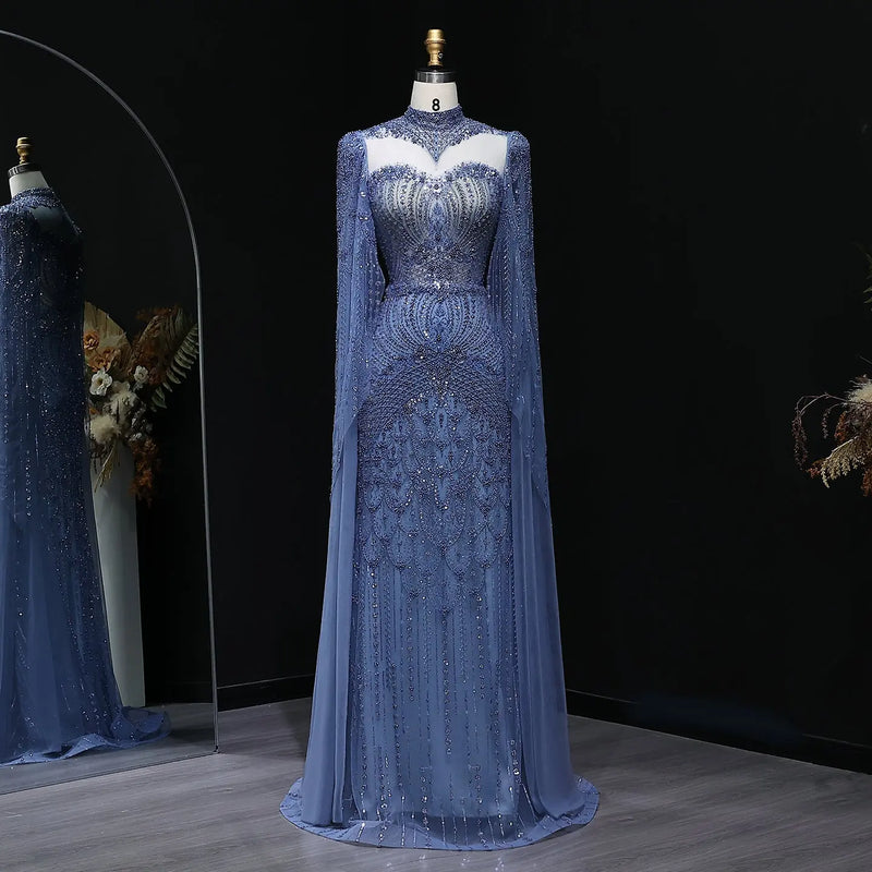 Elegant Beaded Blue Evening Dress with Cape Sleeves SS079 
