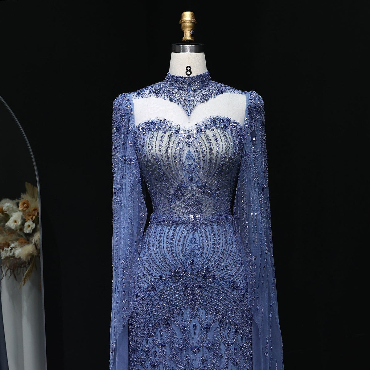 Elegant Beaded Blue Evening Dress with Cape Sleeves SS079