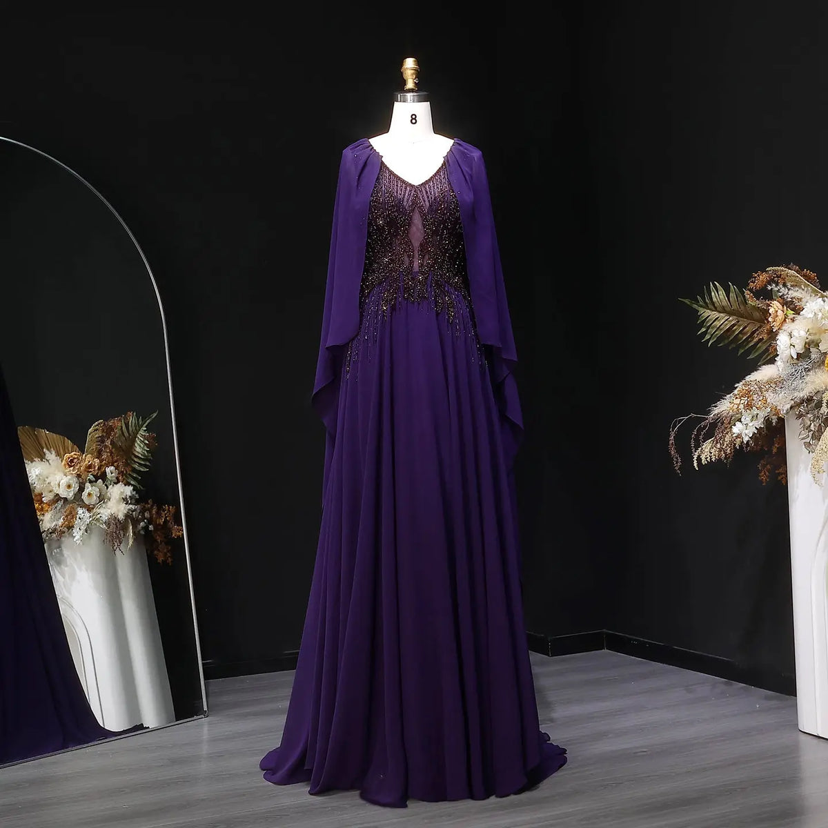 luxurious chiffon dresses Luxury Purple V-Neck Beaded Chiffon Evening Dress with Cape Sleeves SS053