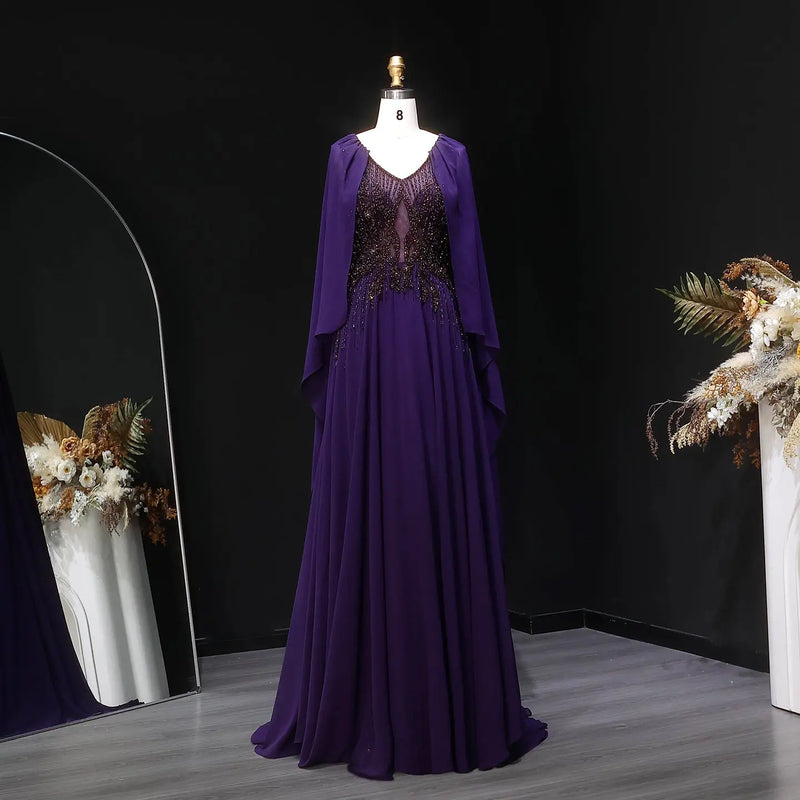 Luxury Purple V-Neck Beaded Chiffon Evening Dress with Cape Sleeves SS053 