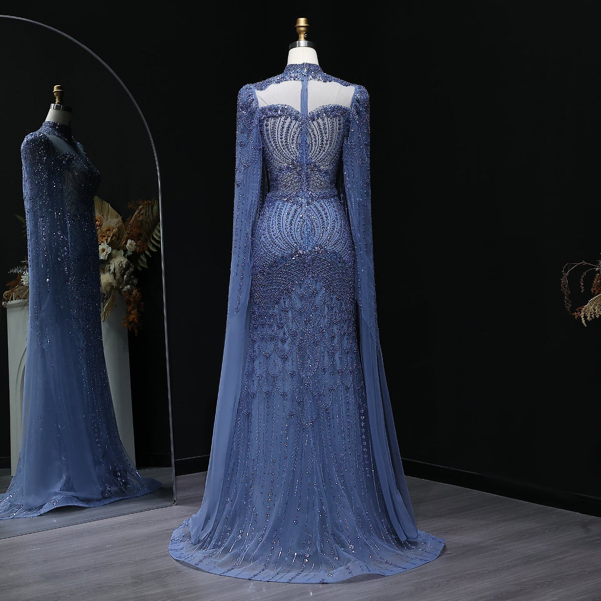 Elegant Beaded Blue Evening Dress with Cape Sleeves SS079