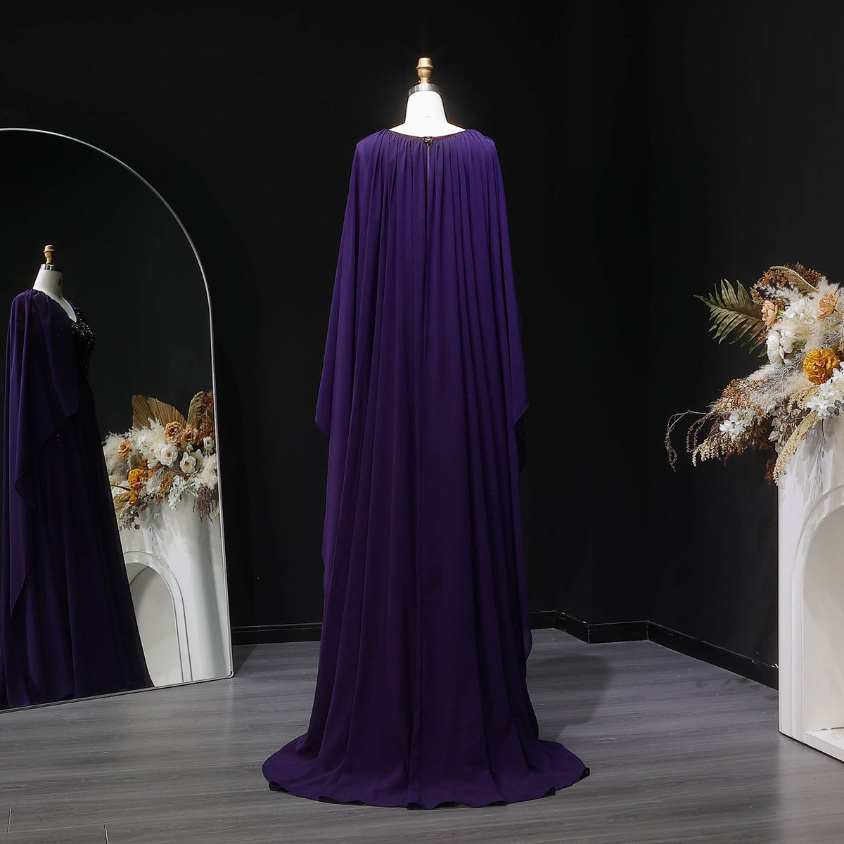Luxury Purple V-Neck Beaded Chiffon Evening Dress with Cape Sleeves SS053 