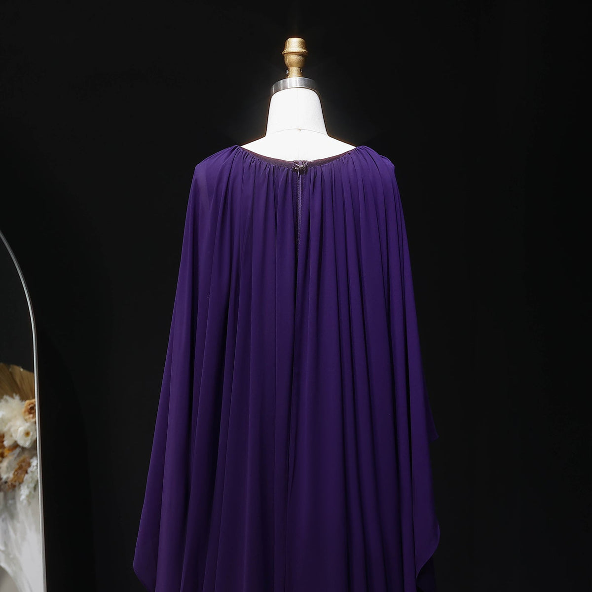 Luxury Purple V-Neck Beaded Chiffon Evening Dress with Cape Sleeves SS053 
