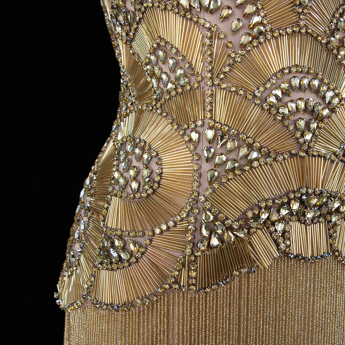 Metallic Gold Beaded Pleated Evening Dress SS336-9