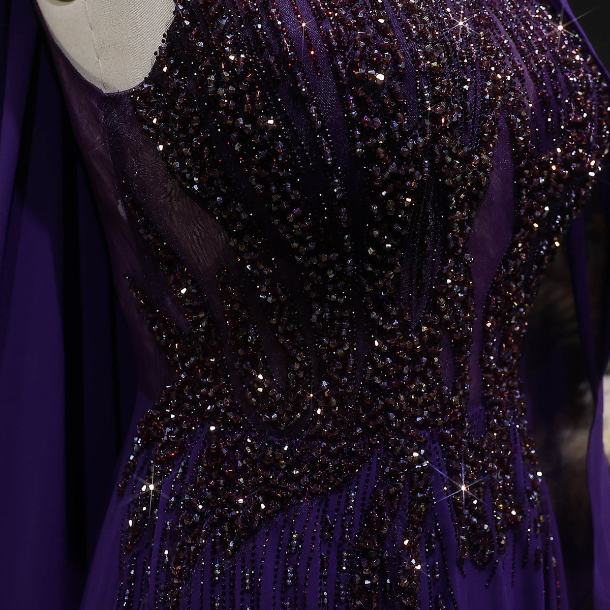 Luxury Purple V-Neck Beaded Chiffon Evening Dress with Cape Sleeves SS053 