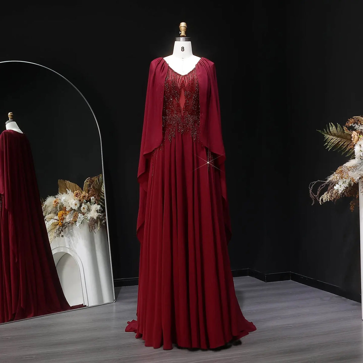 luxury chiffon dresses Luxury Pink Beaded A Line Dress with Chiffon Cape Sleeves LA72978B red / 6