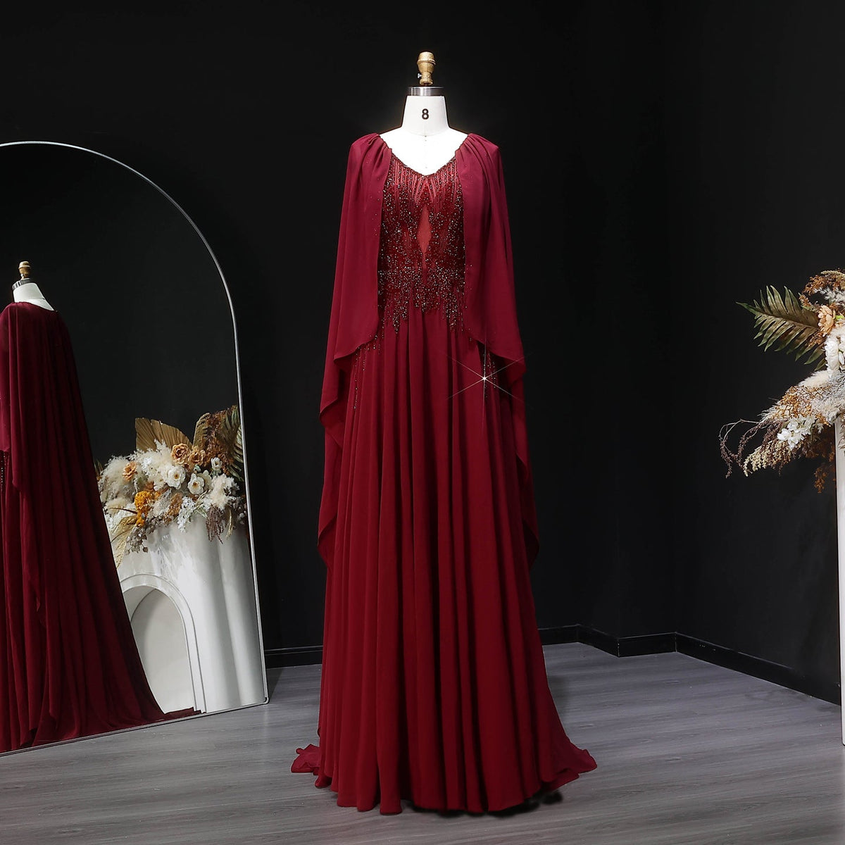Luxury Purple V-Neck Beaded Chiffon Evening Dress with Cape Sleeves SS053 