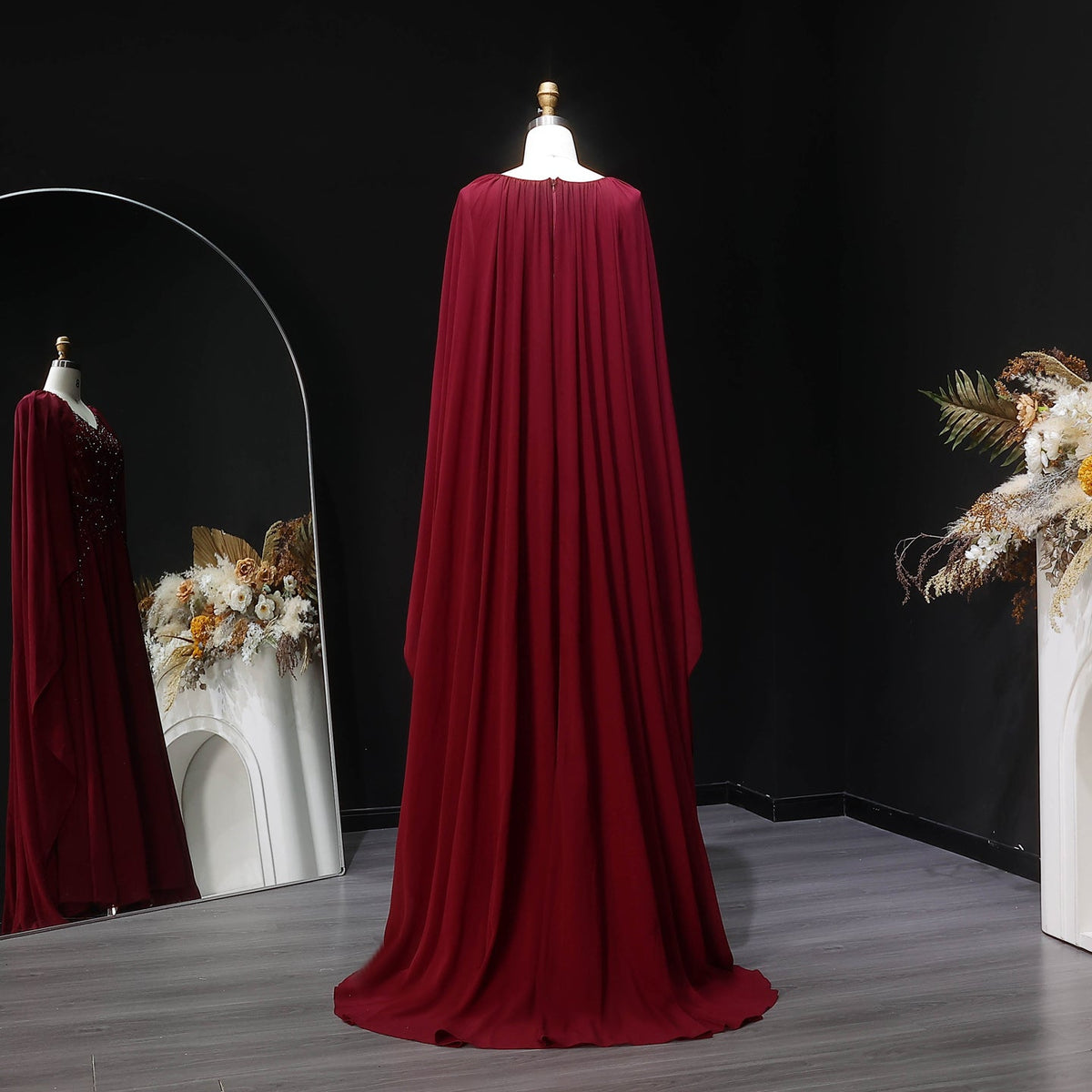 Luxury Purple V-Neck Beaded Chiffon Evening Dress with Cape Sleeves SS053 