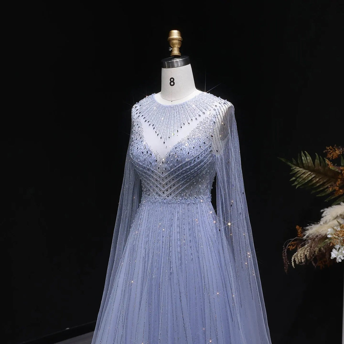 Glamorous Pink Illusion Neck Beaded Chiffon Evening Dress with Cape Sleeves SS054 
