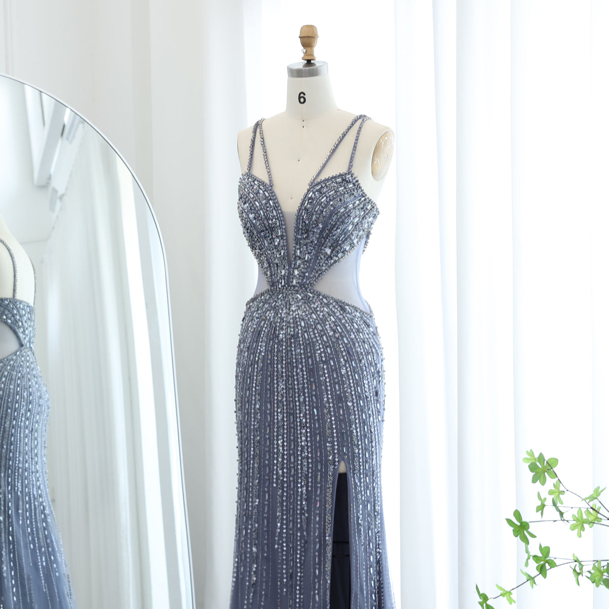 Luxury Beaded Crystal Blue Spaghetti Strap High-Slit Evening Dress SS177 