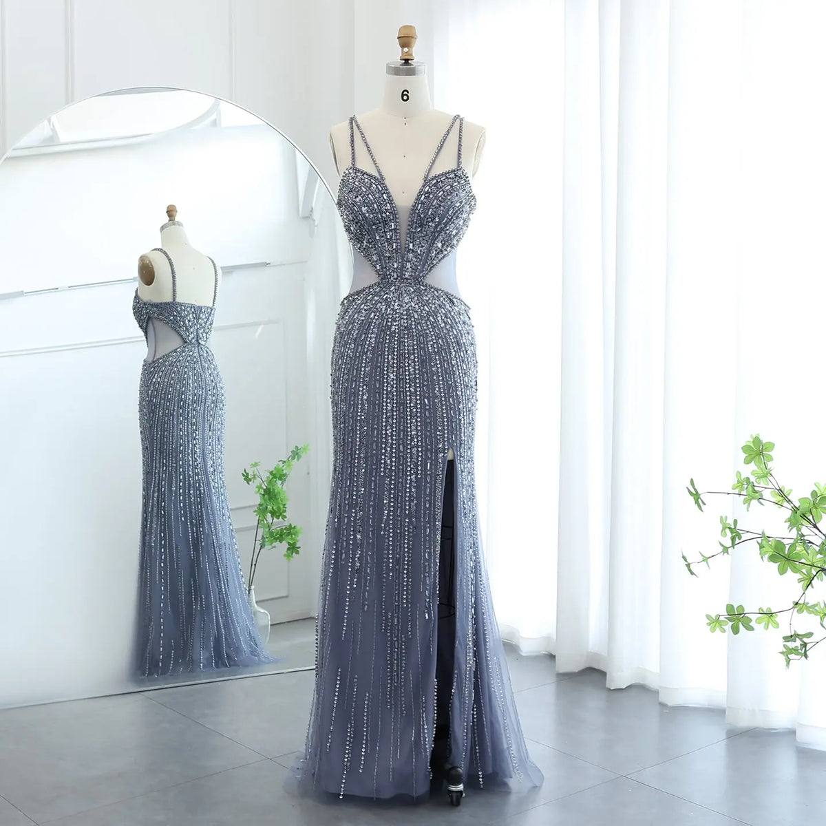 Luxury Beaded Crystal Blue Spaghetti Strap High-Slit Evening Dress SS177 Luxury Beaded Crystal Blue Spaghetti Strap High-Slit Evening Dress SS177