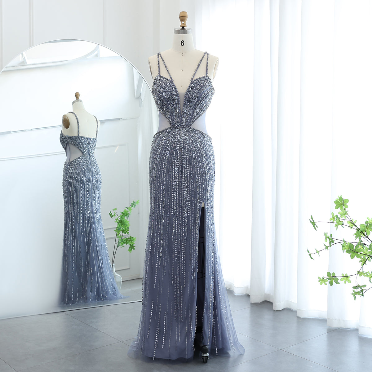 Luxury Beaded Crystal Blue Spaghetti Strap High-Slit Evening Dress SS177 